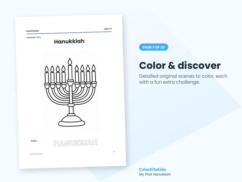May include: A white coloring page featuring a black line drawing of a Hanukkiah with nine lit candles. The text reads Hanukkiah at the top and includes a dotted outline of the word HANUKKIAH at the bottom for tracing practice.