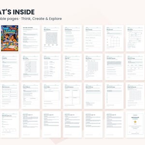 May include: A digital collection of 28 printable activity pages titled Think, Create & Explore. The set includes various worksheets with grids, word puzzles, writing prompts, and a certificate of completion featuring a gold star icon.