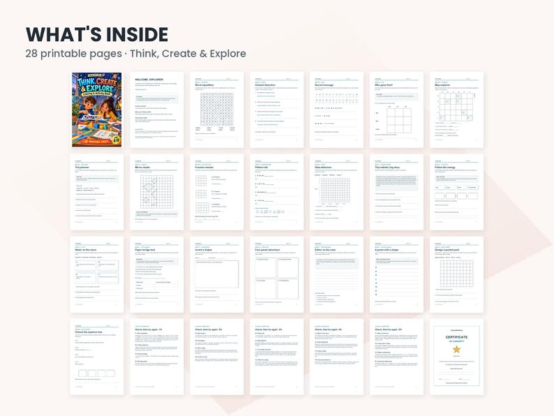 May include: A digital collection of 28 printable activity pages titled Think, Create & Explore. The set includes various worksheets with grids, word puzzles, writing prompts, and a certificate of completion featuring a gold star icon.