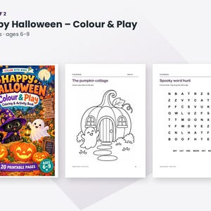 May include: A 20-page Happy Halloween Colour & Play coloring and activity book for ages 6-9. The cover features a black cat in a purple hat, a ghost, and jack-o'-lanterns. Interior pages include a pumpkin cottage coloring page and a word hunt.