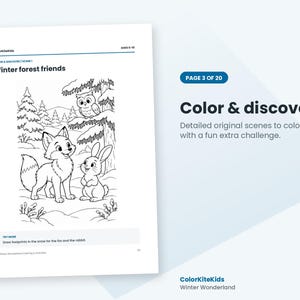 May include: A coloring page titled Winter forest friends featuring a fox, a rabbit, and an owl in a snowy landscape. The page includes the text Color & discover, Page 3 of 20, and a prompt to draw footprints in the snow for the fox and the rabbit.