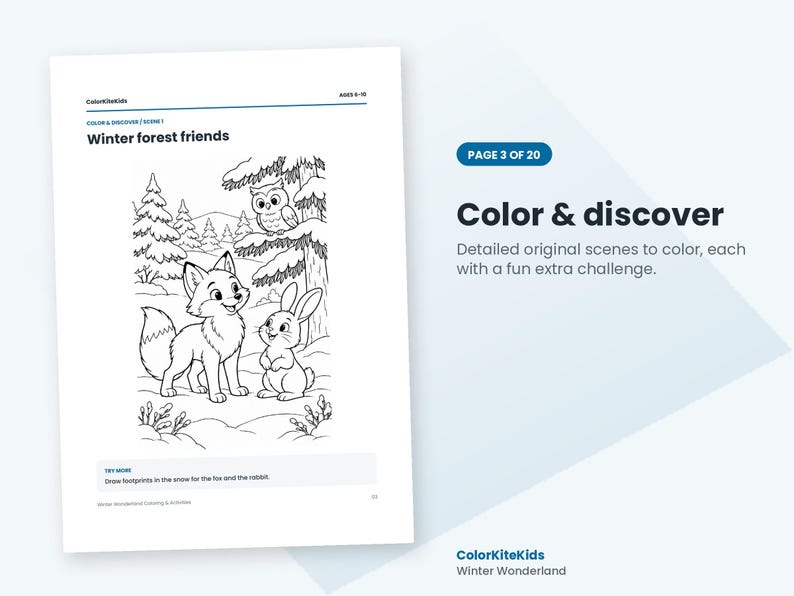 May include: A coloring page titled Winter forest friends featuring a fox, a rabbit, and an owl in a snowy landscape. The page includes the text Color & discover, Page 3 of 20, and a prompt to draw footprints in the snow for the fox and the rabbit.