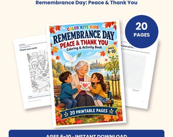 Peut inclure: Livre de coloriage et d'activités ColorKiteKids Remembrance Day: Peace & Thank You pour les 6-10 ans. La couverture illustre une personne âgée et deux enfants sur un banc avec une colombe blanche, des feuilles d'automne et 20 pages imprimables.