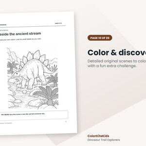 May include: A black and white coloring page titled Beside the ancient stream featuring a Stegosaurus dinosaur standing near a flowing stream with palm trees and rocky terrain. The page includes text prompts and the brand name ColorKiteKids.
