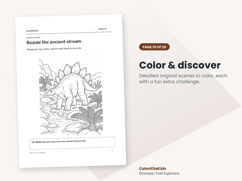 May include: A black and white coloring page titled Beside the ancient stream featuring a Stegosaurus dinosaur standing near a flowing stream with palm trees and rocky terrain. The page includes text prompts and the brand name ColorKiteKids.