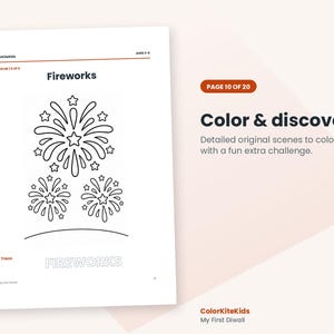 May include: A white coloring page titled Fireworks featuring three black-outlined firework illustrations with stars, a curved horizon line, and the word FIREWORKS in a dotted font at the bottom, labeled ColorKiteKids and Ages 3-5.