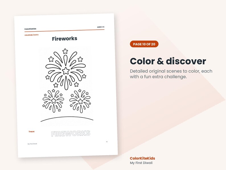 May include: A white coloring page titled Fireworks featuring three black-outlined firework illustrations with stars, a curved horizon line, and the word FIREWORKS in a dotted font at the bottom, labeled ColorKiteKids and Ages 3-5.