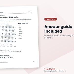 May include: A white activity book page titled Check your discoveries, featuring a word search puzzle, lists of answers for pages 4, 7, 8, 11, and 12, and the text Small Acts Matter. A sidebar states Page 18 of 20, Answer guide included.