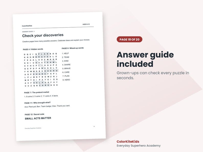May include: A white activity book page titled Check your discoveries, featuring a word search puzzle, lists of answers for pages 4, 7, 8, 11, and 12, and the text Small Acts Matter. A sidebar states Page 18 of 20, Answer guide included.