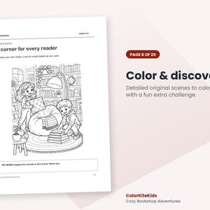 May include: A black and white coloring page titled A corner for every reader, featuring two children in a library setting with bookshelves, a beanbag chair, and a lamp. The page includes the text ColorKiteKids, AGES 6-10, and a prompt to imagine sounds.