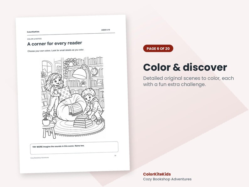 May include: A black and white coloring page titled A corner for every reader, featuring two children in a library setting with bookshelves, a beanbag chair, and a lamp. The page includes the text ColorKiteKids, AGES 6-10, and a prompt to imagine sounds.