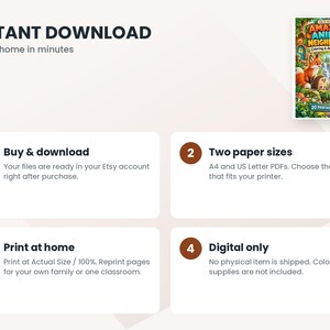 May include: A digital coloring and activity book titled Amazing Animal Neighbours featuring a forest scene with a fox, deer, rabbit, hedgehog, and squirrel. The book includes 20 printable pages for ages 6-10, available in A4 and US Letter PDF formats.