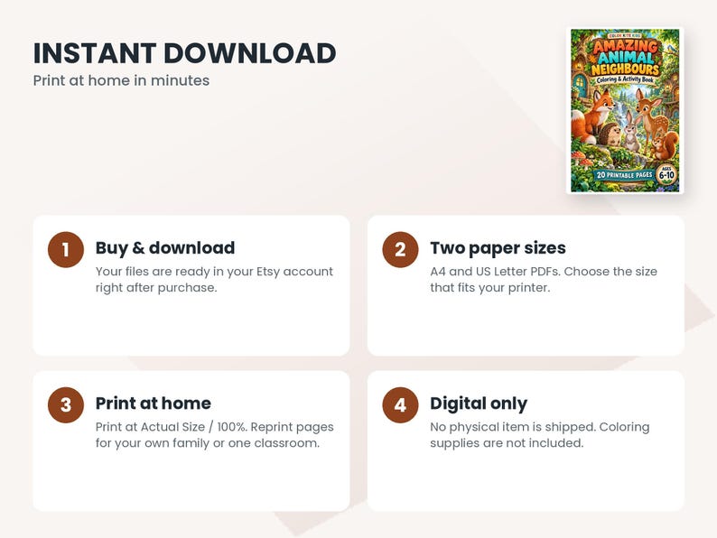 May include: A digital coloring and activity book titled Amazing Animal Neighbours featuring a forest scene with a fox, deer, rabbit, hedgehog, and squirrel. The book includes 20 printable pages for ages 6-10, available in A4 and US Letter PDF formats.