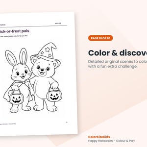 May include: A coloring page titled Trick-or-treat pals featuring a rabbit in a cape and a bear in a star-patterned wizard hat, both holding jack-o'-lantern buckets. The page includes the text ColorKiteKids, Ages 5-9, and Color & discover.