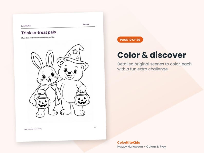 May include: A coloring page titled Trick-or-treat pals featuring a rabbit in a cape and a bear in a star-patterned wizard hat, both holding jack-o'-lantern buckets. The page includes the text ColorKiteKids, Ages 5-9, and Color & discover.