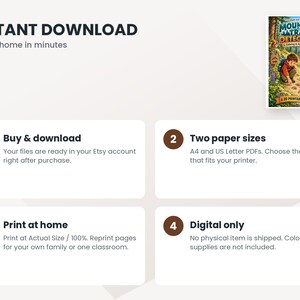 May include: A digital colouring and activity book titled Mountain Trail Detectives featuring an illustration of two children exploring a forest. The graphic includes instructions for instant download, printing at home, and specifies A4 and US Letter sizes.