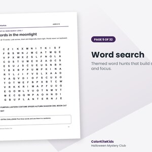 May include: A white activity sheet titled Words in the moonlight featuring a word search grid with letters and a list of words including PUMPKIN, LANTERN, COSTUME, SPIDER, AUTUMN, SHADOW, OWL, MOON, CAT, and BAT, plus an extra challenge box.