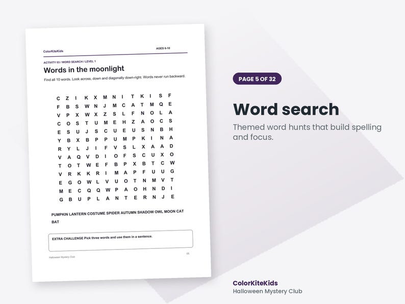 May include: A white activity sheet titled Words in the moonlight featuring a word search grid with letters and a list of words including PUMPKIN, LANTERN, COSTUME, SPIDER, AUTUMN, SHADOW, OWL, MOON, CAT, and BAT, plus an extra challenge box.