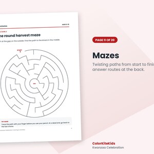 以下が含まれることがあります： 「The round harvest maze」と題された白いアクティビティページ。円形迷路の図、ColorKiteKids、Ages 6-10、Maze Level 3、Start、End、指示文が記載されています。ページにはPage 11 of 20、Mazes、Kwanzaa Celebrationと記されています。