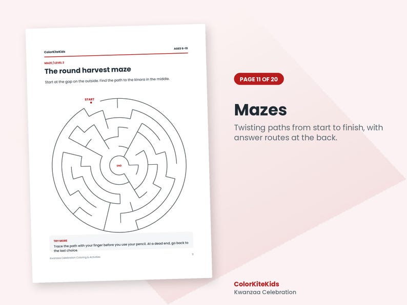 以下が含まれることがあります： 「The round harvest maze」と題された白いアクティビティページ。円形迷路の図、ColorKiteKids、Ages 6-10、Maze Level 3、Start、End、指示文が記載されています。ページにはPage 11 of 20、Mazes、Kwanzaa Celebrationと記されています。