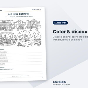 May include: A black and white colouring page titled Our Neighborhood featuring illustrations of a bakery, clinic, school, and market. It includes a Read & Trace section with words like bakery, clinic, school, market, and park, plus a My Sentence prompt.