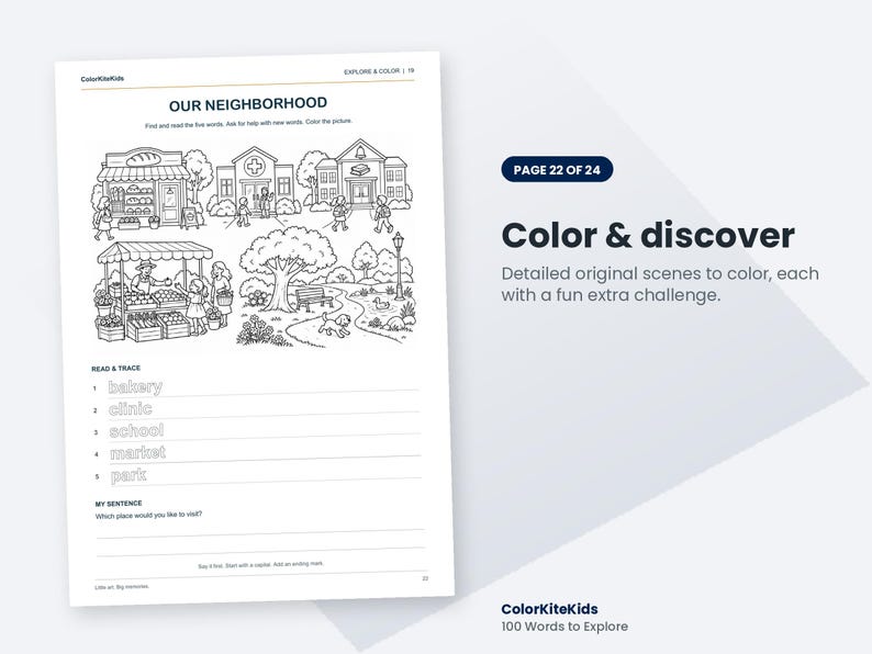 May include: A black and white colouring page titled Our Neighborhood featuring illustrations of a bakery, clinic, school, and market. It includes a Read & Trace section with words like bakery, clinic, school, market, and park, plus a My Sentence prompt.