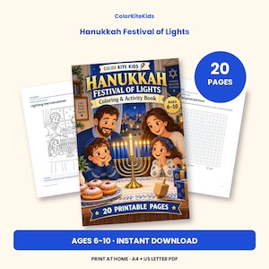 May include: A Hanukkah Festival of Lights coloring and activity book for ages 6-10, featuring 20 printable pages. The cover shows a family lighting a menorah with sufganiyot and a dreidel on a table. Includes instant download options.