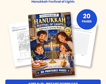 Peut inclure: Un livre de coloriage et d'activités Hanukkah Festival of Lights pour les 6-10 ans, comprenant 20 pages imprimables. La couverture montre une famille allumant une ménorah avec des sufganiyot et une toupie sur une table.