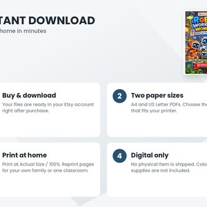 May include: A digital coloring and activity book titled Robot Workshop Wonders featuring colorful robots on the cover. The document includes four numbered steps explaining the instant download, A4 and US Letter PDF formats, home printing, and digital-only delivery.