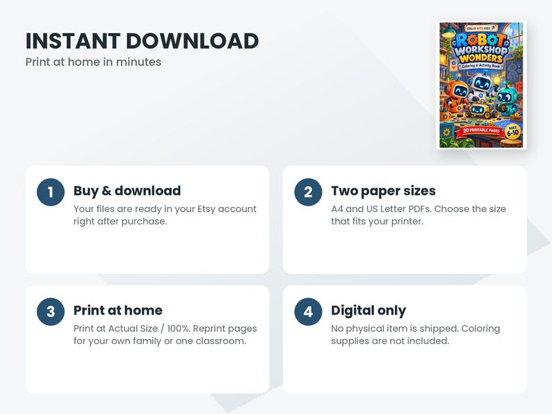 May include: A digital coloring and activity book titled Robot Workshop Wonders featuring colorful robots on the cover. The document includes four numbered steps explaining the instant download, A4 and US Letter PDF formats, home printing, and digital-only delivery.