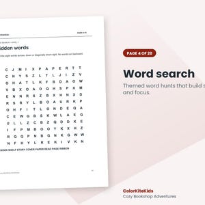 May include: A white activity sheet titled Hidden words with a grid of black letters for a word search puzzle. Below the grid are the words BOOK, SHELF, STORY, COVER, PAPER, READ, PAGE, and RIBBON. The text ColorKiteKids appears at the top.