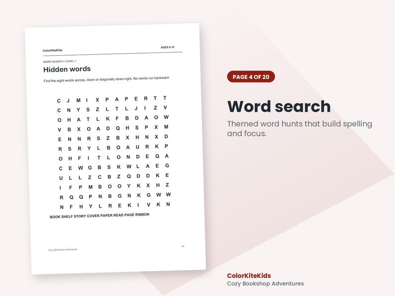 May include: A white activity sheet titled Hidden words with a grid of black letters for a word search puzzle. Below the grid are the words BOOK, SHELF, STORY, COVER, PAPER, READ, PAGE, and RIBBON. The text ColorKiteKids appears at the top.