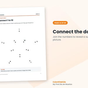 May include: A white activity page titled Connect 1 to 10 featuring black dots numbered one through ten arranged in a star shape. The text includes instructions to join the numbers to reveal a surprise picture and a try more prompt.