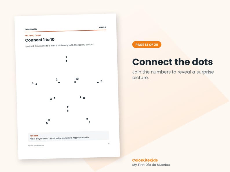 May include: A white activity page titled Connect 1 to 10 featuring black dots numbered one through ten arranged in a star shape. The text includes instructions to join the numbers to reveal a surprise picture and a try more prompt.