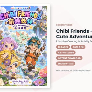 Op de afbeelding: Een printbaar kleur- en activiteitenboek getiteld Chibi Friends - Cute Adventures. De omslag toont twee geanimeerde personages, een kind met paars haar in een gele cape en een kind met blauwgroen haar en een veiligheidsbril.