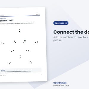 May include: A white activity sheet titled Connect 1 to 10 with black text and numbered dots arranged in a star shape. The page includes instructions to draw lines between numbers 1 through 10 and a prompt to color the shape yellow.