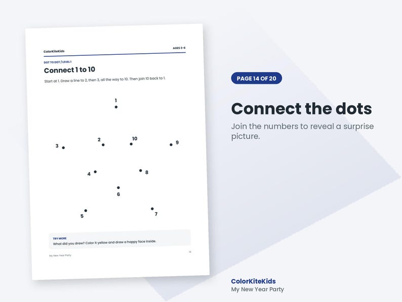 May include: A white activity sheet titled Connect 1 to 10 with black text and numbered dots arranged in a star shape. The page includes instructions to draw lines between numbers 1 through 10 and a prompt to color the shape yellow.