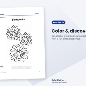May include: A white coloring page titled Fireworks featuring three black-outlined firework bursts with star centers. The bottom left includes the word FIREWORKS in a dotted font for tracing. The top header reads ColorKiteKids Ages 3-5.
