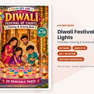 May include: A Diwali Festival of Lights coloring and activity book for ages 6-10. The cover features a family lighting diyas around a colorful rangoli. Text includes 'Color Kite Kids', 'Diwali Festival of Lights', 'Ages 6-10', and '20 Printable Pages'.