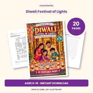 May include: A 20-page Diwali Festival of Lights coloring and activity book for ages 6-10. The cover features a family lighting diyas around a colorful rangoli. Includes printable pages in A4 and US Letter PDF formats for instant download.