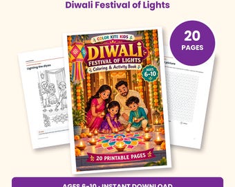 Peut inclure: Un livre de coloriage et d'activités de 20 pages sur le festival des lumières Diwali pour les 6-10 ans. La couverture montre une famille allumant des diyas autour d'un rangoli coloré. Inclut des pages imprimables A4 et US Letter PDF.