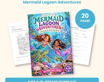 May include: A Mermaid Lagoon Adventures coloring and activity book with 20 printable pages for ages 6-10. The cover features two mermaids, sea turtles, and coral reef elements. Includes sample activity pages with text and math problems.