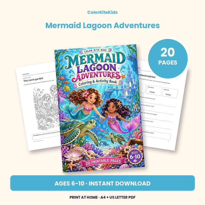 May include: A Mermaid Lagoon Adventures coloring and activity book with 20 printable pages for ages 6-10. The cover features two mermaids, sea turtles, and coral reef elements. Includes sample activity pages with text and math problems.