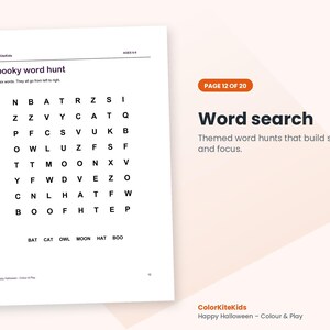 May include: A white activity sheet titled Spooky word hunt with a grid of black letters and a list of words including BAT, CAT, OWL, MOON, HAT, and BOO. The page includes the text ColorKiteKids, AGES 5-9, and page 12 of 20. The design features black text on a white background.