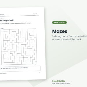 May include: A white activity sheet titled The longer trail with a black-lined square maze. Text includes ColorKiteKids, AGES 8-10, MAZE LEVEL 3, instructions to draw a path from START to FINISH, and a tip to go back to the last turning.