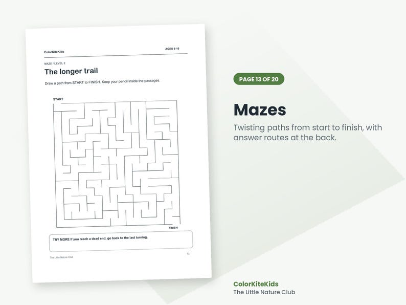 May include: A white activity sheet titled The longer trail with a black-lined square maze. Text includes ColorKiteKids, AGES 8-10, MAZE LEVEL 3, instructions to draw a path from START to FINISH, and a tip to go back to the last turning.