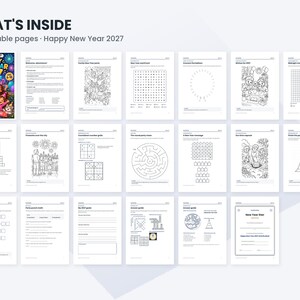 May include: A digital collection of 20 printable activity pages titled WHAT'S INSIDE Happy New Year 2027. The set includes black and white worksheets featuring word searches, mazes, coloring pages, crossword puzzles, and goal-setting templates.