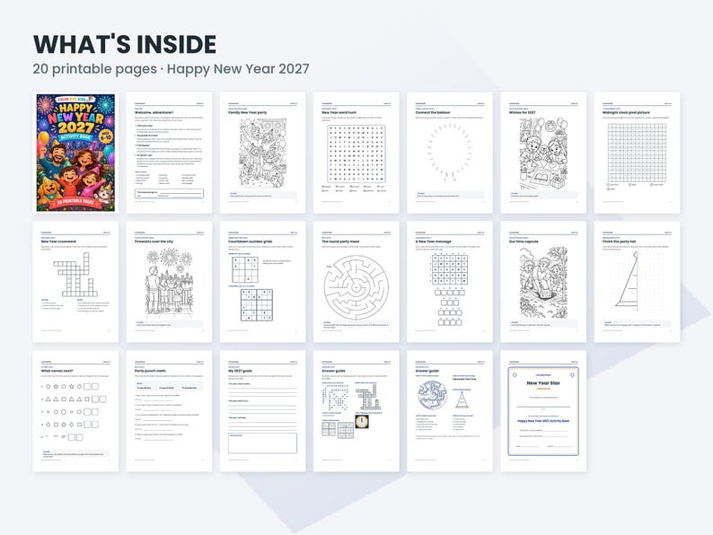 May include: A digital collection of 20 printable activity pages titled WHAT'S INSIDE Happy New Year 2027. The set includes black and white worksheets featuring word searches, mazes, coloring pages, crossword puzzles, and goal-setting templates.