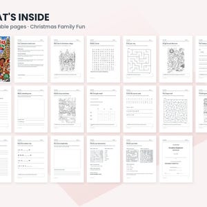 May include: A digital collection of 20 printable Christmas activity pages featuring coloring sheets, word searches, mazes, and writing prompts. The cover page displays the title Christmas Family Fun with colorful illustrations of children and holiday decorations.