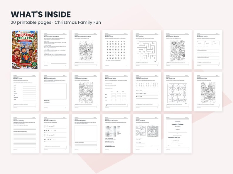 May include: A digital collection of 20 printable Christmas activity pages featuring coloring sheets, word searches, mazes, and writing prompts. The cover page displays the title Christmas Family Fun with colorful illustrations of children and holiday decorations.